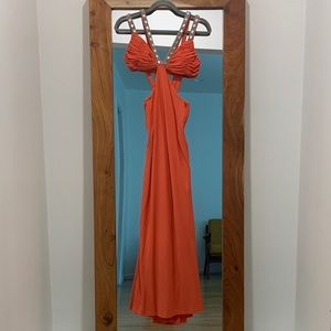 Coral back open jeweled long evening dress